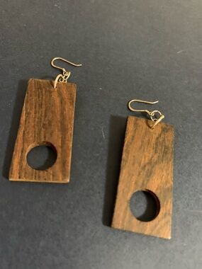 Handcrafted Wooden Rectangle Drop Earrings - Brown